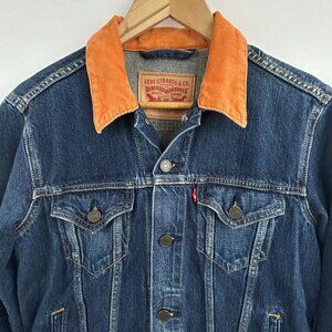 Levi’s Men’s Denim Trucker Jacket with Orange Corduroy Collar – Size Small